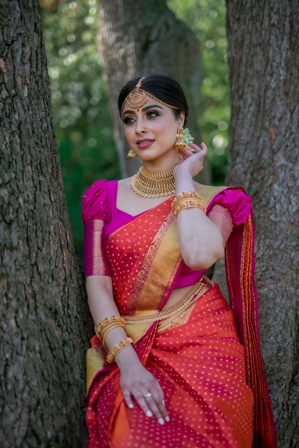 Woman in a richly embroidered festive lehenga choli